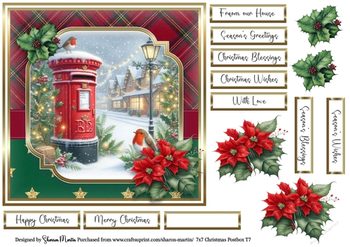 7x7 Christmas Postbox 7 Card Front, Decoupage Flowers and Sentiments 