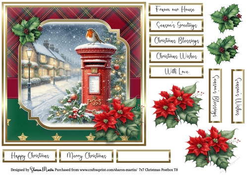 7x7 Christmas Postbox 8 Card Front, Decoupage Flowers and Sentiments 