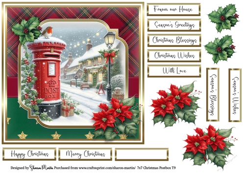 7x7 Christmas Postbox 9 Card Front, Decoupage Flowers and Sentiments 