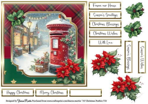 7x7 Christmas Postbox 10 Card Front, Decoupage Flowers and Sentiments 