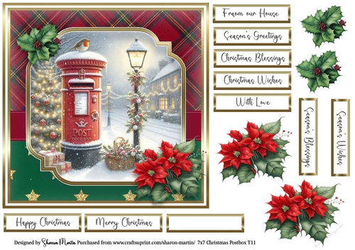 7x7 Christmas Postbox 11 Card Front, Decoupage Flowers and Sentiments 
