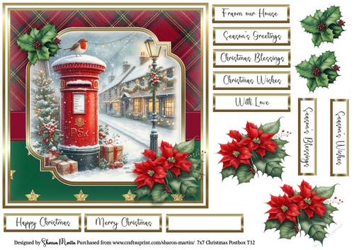 7x7 Christmas Postbox 12 Card Front, Decoupage Flowers and Sentiments 