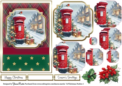 5x7 Christmas Postbox 1 Card Front, Topper, Pyramage Layers, Decoupage Flowers and Sentiments 