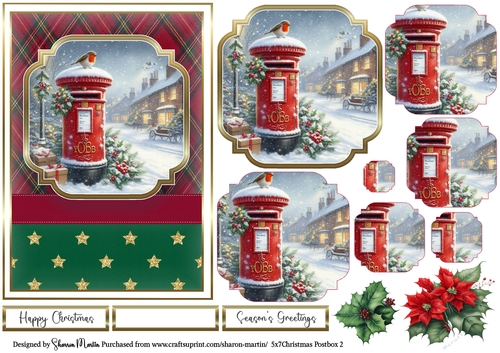 5x7 Christmas Postbox 2 Card Front, Topper, Pyramage Layers, Decoupage Flowers and Sentiments 