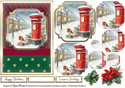 5x7 Christmas Postbox 3 Card Front, Topper, Pyramage Layers, Decoupage Flowers and Sentiments 
