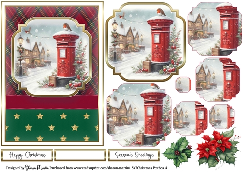 5x7 Christmas Postbox 4 Card Front, Topper, Pyramage Layers, Decoupage Flowers and Sentiments 