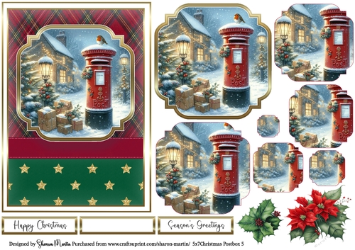 5x7 Christmas Postbox 5 Card Front, Topper, Pyramage Layers, Decoupage Flowers and Sentiments 