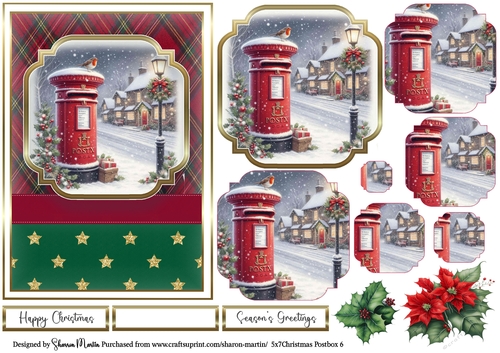 5x7 Christmas Postbox 6 Card Front, Topper, Pyramage Layers, Decoupage Flowers and Sentiments 