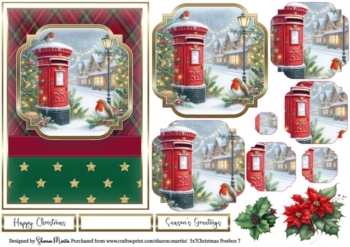 5x7 Christmas Postbox 7 Card Front, Topper, Pyramage Layers, Decoupage Flowers and Sentiments 