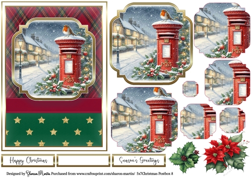 5x7 Christmas Postbox 8 Card Front, Topper, Pyramage Layers, Decoupage Flowers and Sentiments 