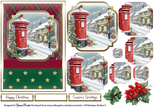 5x7 Christmas Postbox 9 Card Front, Topper, Pyramage Layers, Decoupage Flowers and Sentiments 