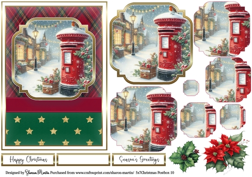5x7 Christmas Postbox 10 Card Front, Topper, Pyramage Layers, Decoupage Flowers and Sentiments 
