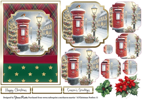 5x7 Christmas Postbox 11 Card Front, Topper, Pyramage Layers, Decoupage Flowers and Sentiments 