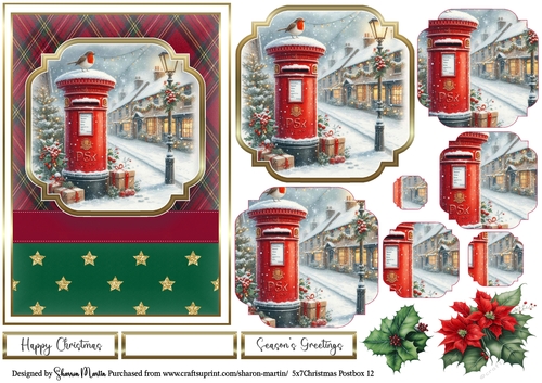 5x7 Christmas Postbox 12 Card Front, Topper, Pyramage Layers, Decoupage Flowers and Sentiments 