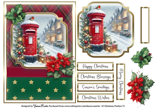 A5 Christmas Postbox Card Front, Topper, Sentiments and Decoupage Flowers 