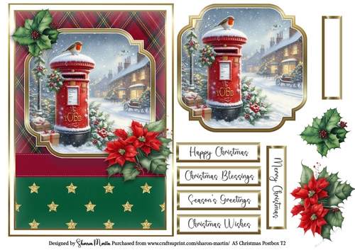 A5 Christmas Postbox Card Front 2, Topper, Sentiments and Decoupage Flowers 