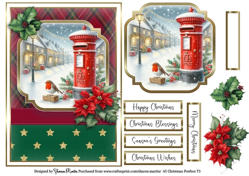 A5 Christmas Postbox Card Front 3, Topper, Sentiments and Decoupage Flowers 