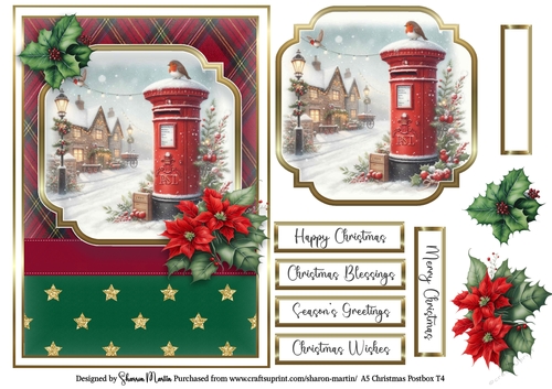 A5 Christmas Postbox Card Front 4, Topper, Sentiments and Decoupage Flowers 