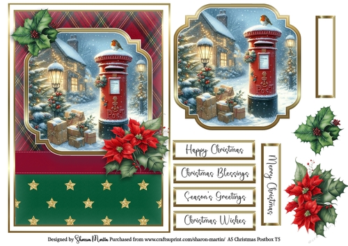 A5 Christmas Postbox Card Front 5, Topper, Sentiments and Decoupage Flowers 