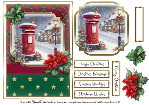 A5 Christmas Postbox Card Front 6, Topper, Sentiments and Decoupage Flowers 