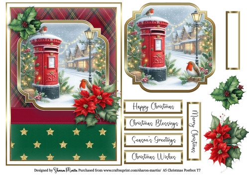 A5 Christmas Postbox Card Front 7, Topper, Sentiments and Decoupage Flowers 
