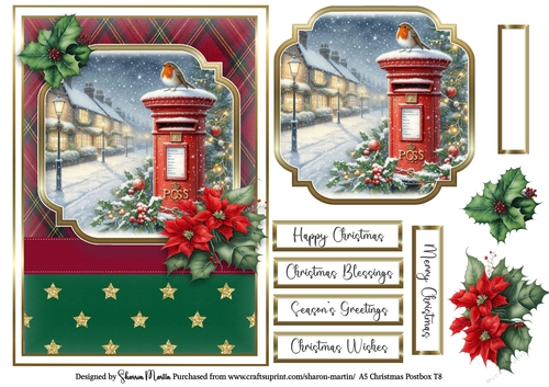 A5 Christmas Postbox Card Front 8, Topper, Sentiments and Decoupage Flowers 
