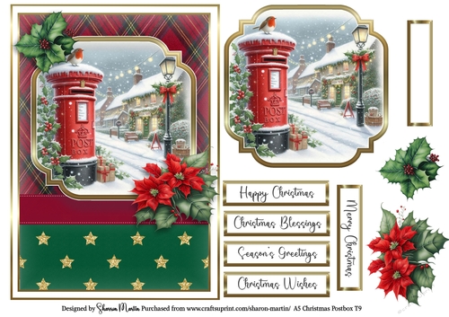 A5 Christmas Postbox Card Front 9, Topper, Sentiments and Decoupage Flowers 