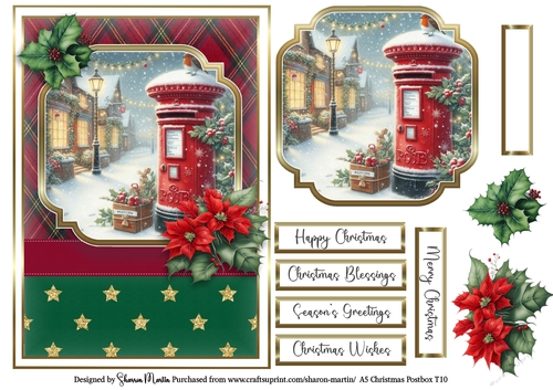 A5 Christmas Postbox Card Front 10, Topper, Sentiments and Decoupage Flowers 
