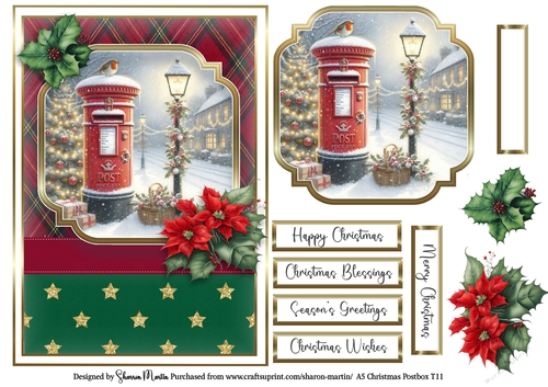 A5 Christmas Postbox Card Front 11, Topper, Sentiments and Decoupage Flowers 