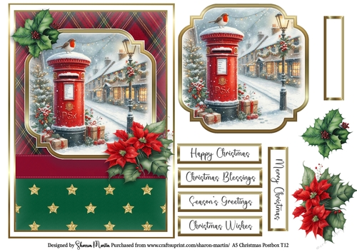 A5 Christmas Postbox Card Front 12, Topper, Sentiments and Decoupage Flowers 