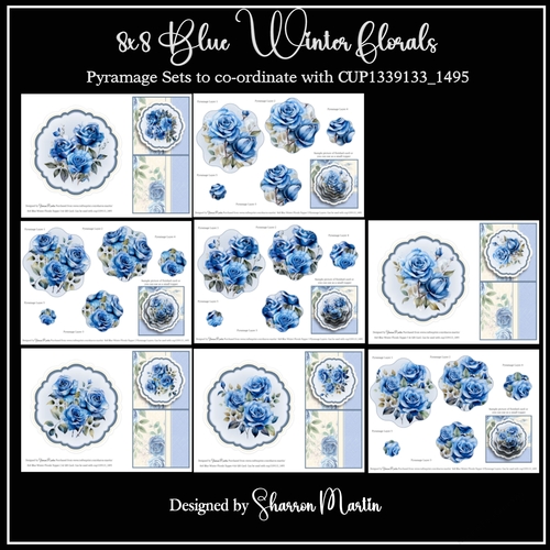 Blue Winter Florals Topper & Pyramage Sheets 2-5 - x8 A4 Sheets 