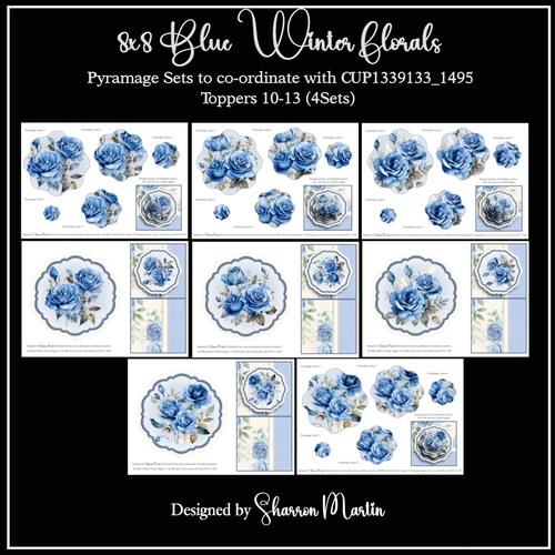 Blue Winter Florals Topper & Pyramage Sheets 10,11,12 & 13 - x8 A4 Sheets 