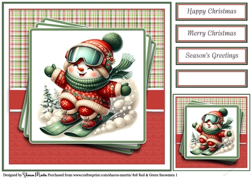 8x8 Red & Green Snowmen 1 Card Front, Gift Taf & Sentiments 
