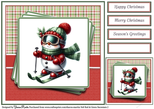 8x8 Red & Green Snowmen 2 Card Front, Gift Taf & Sentiments 