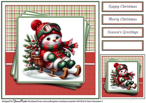 8x8 Red & Green Snowmen 3 Card Front, Gift Taf & Sentiments 