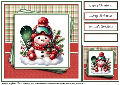 8x8 Red & Green Snowmen 4 Card Front, Gift Taf & Sentiments 