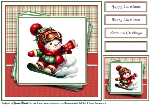 8x8 Red & Green Snowmen 6 Card Front, Gift Taf & Sentiments 