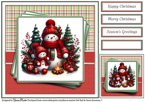 8x8 Red & Green Snowmen 7 Card Front, Gift Taf & Sentiments 