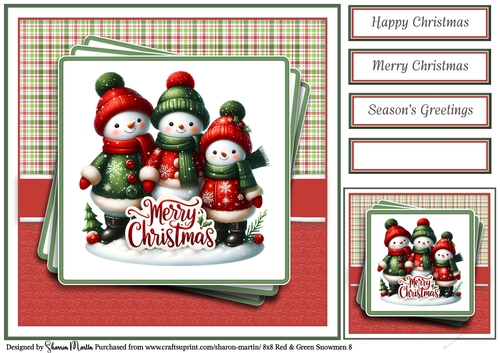 8x8 Red & Green Snowmen 8 Card Front, Gift Taf & Sentiments 