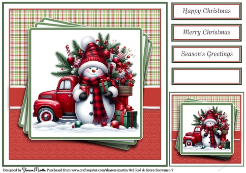 8x8 Red & Green Snowmen 9 Card Front, Gift Taf & Sentiments 