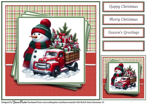 8x8 Red & Green Snowmen 10 Card Front, Gift Taf & Sentiments 