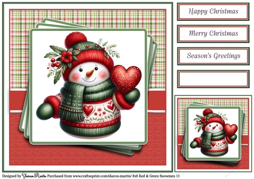 8x8 Red & Green Snowmen 11 Card Front, Gift Tag & Sentiments 