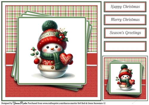 8x8 Red & Green Snowmen 12 Card Front, Gift Tag & Sentiments 
