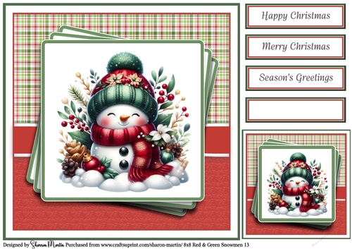 8x8 Red & Green Snowmen 13 Card Front, Gift Tag & Sentiments 