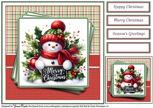 8x8 Red & Green Snowmen 14 Card Front, Gift Tag & Sentiments 