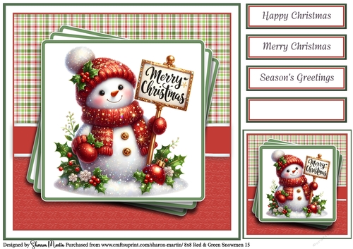 8x8 Red & Green Snowmen 15 Card Front, Gift Tag & Sentiments 
