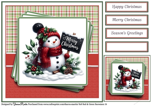8x8 Red & Green Snowmen 16 Card Front, Gift Tag & Sentiments 