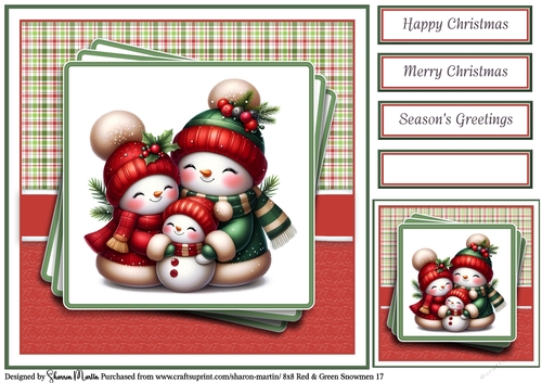 8x8 Red & Green Snowmen 17 Card Front, Gift Tag & Sentiments 