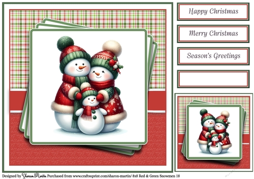 8x8 Red & Green Snowmen 18 Card Front, Gift Tag & Sentiments 