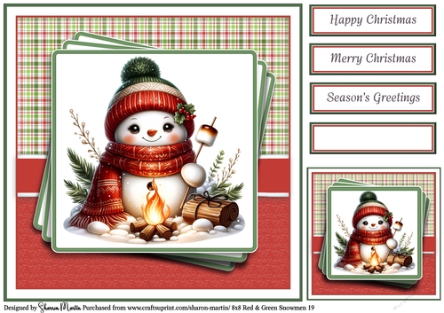 8x8 Red & Green Snowmen 19 Card Front, Gift Tag & Sentiments 